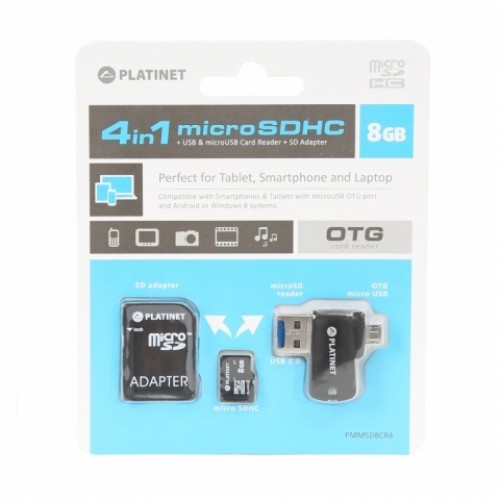 Micro SDHC 8GB 4 in 1 – card reader si adaptor OTG cartuseria.ro