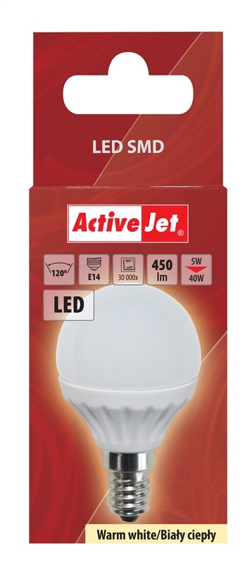 Bec LED SMD E14 5W glob lumina calda, ActiveJet ActiveJet imagine 2022 depozituldepapetarie.ro