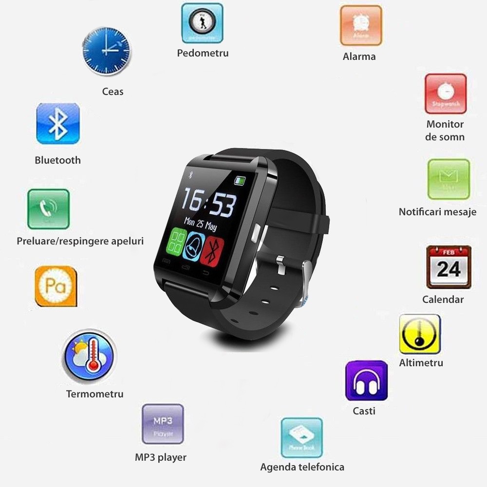 Ceas smartwatch, bluetooth, 11 functii, handsfree, MP3 player, SoVogue, negru bluetooth