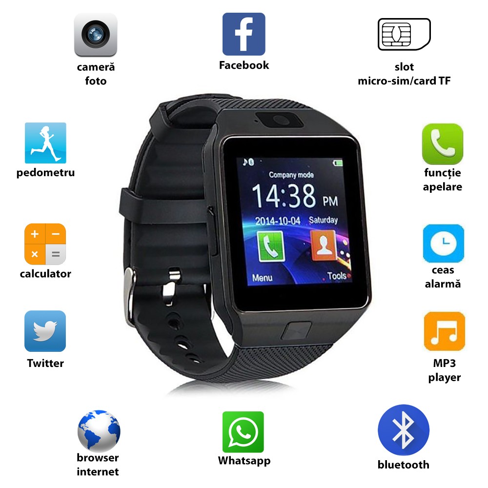 Ceas smart bluetooth 3.0, functie telefon, TF, 13 functii, Android 4.3, SoVogue Argintiu