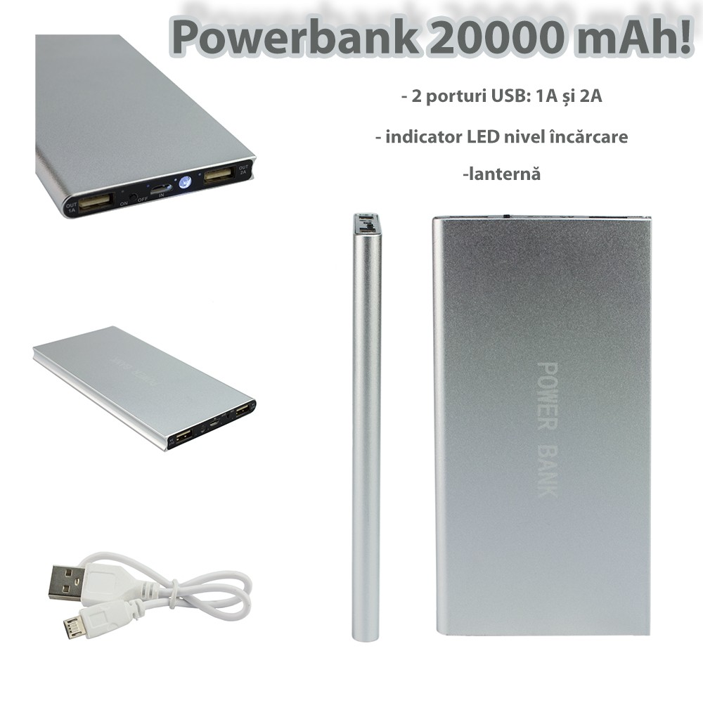Acumulator extern PowerBank, 20000mAh, USB, ultraslim Argintiu - imagine 6