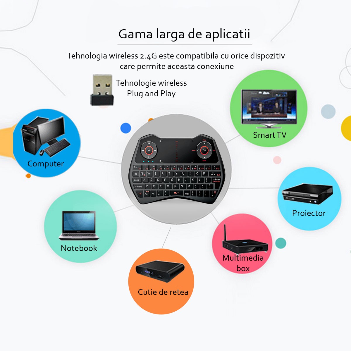 Mini tastatura Rii i28C, wireless, iluminata, touchpad, pentru Computer, Smart TV Negru - imagine 10