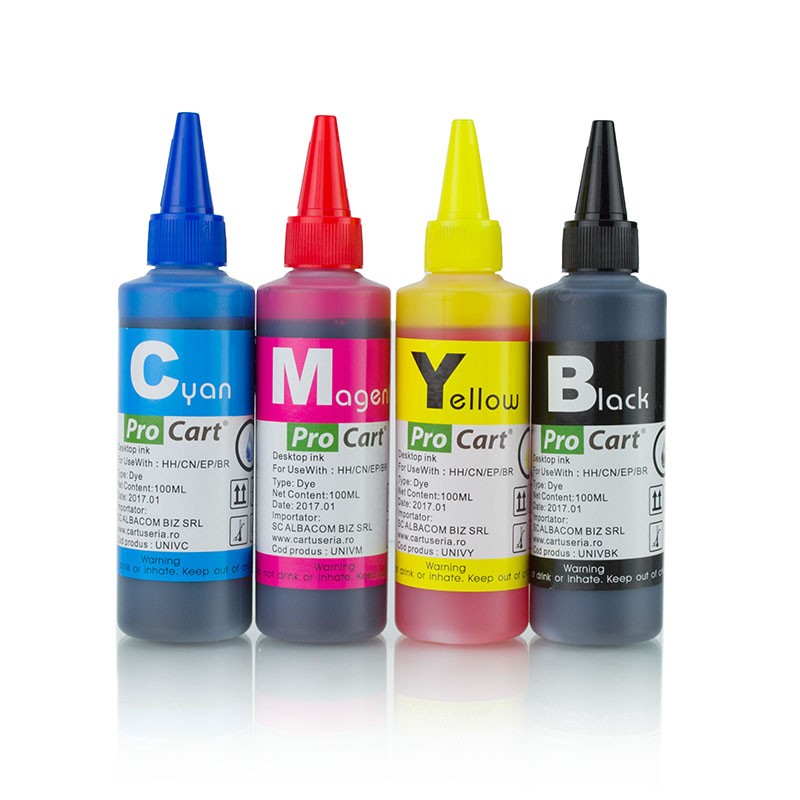 Cerneala dye compatibila universala, 100 ml/culoare, set 4 culori