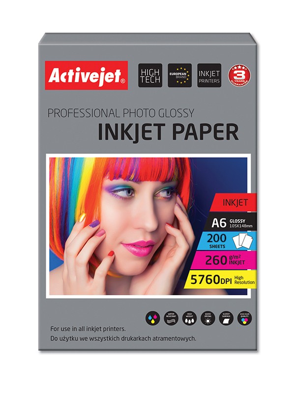 Hartie FOTO A6 Premium, Activejet Glossy 260g, top 200 coli 200