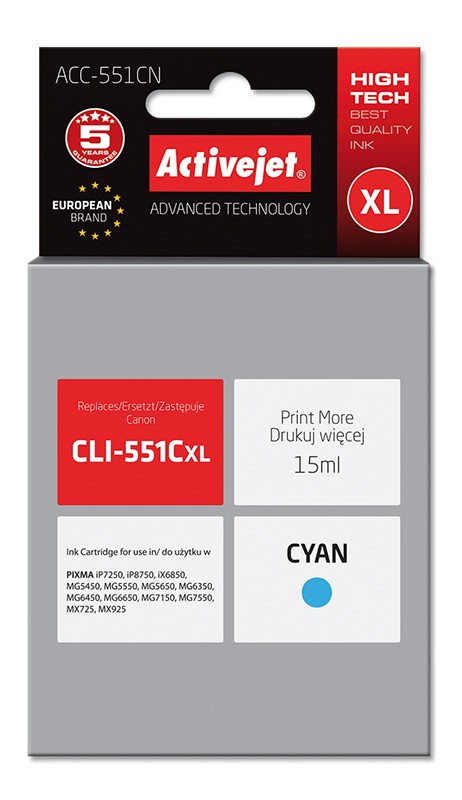 Cartus compatibil CLI-551C cyan pentru Canon, 15 ml, Premium Activejet, Garantie 5 ani ActiveJet poza 2021