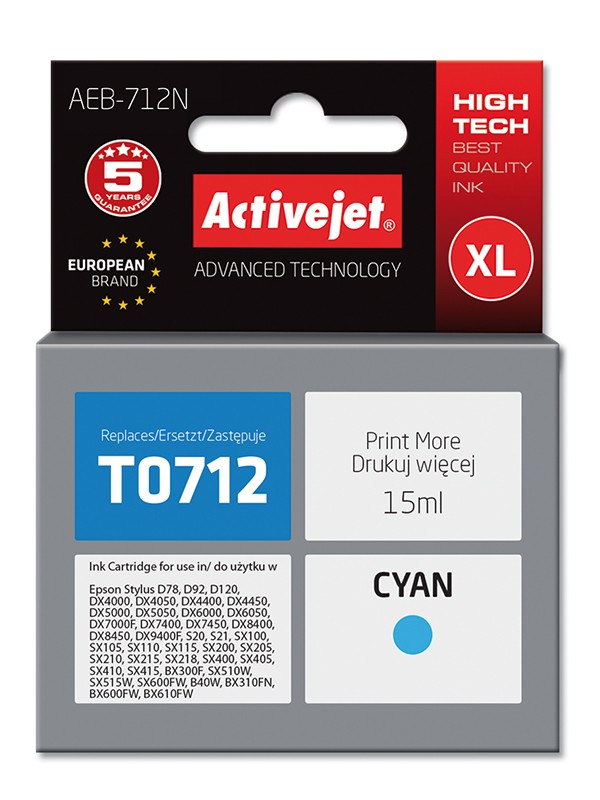 Cartus compatibil T0712 C13T071240 Cyan pentru Epson,Premium Activejet, Garantie 5 ani ActiveJet
