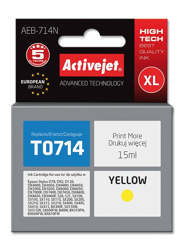 Cartus compatibil T0714 C13T071440 Yellow pentru Epson, Premium Activejet, Garantie 5 ani ActiveJet imagine 2022 depozituldepapetarie.ro