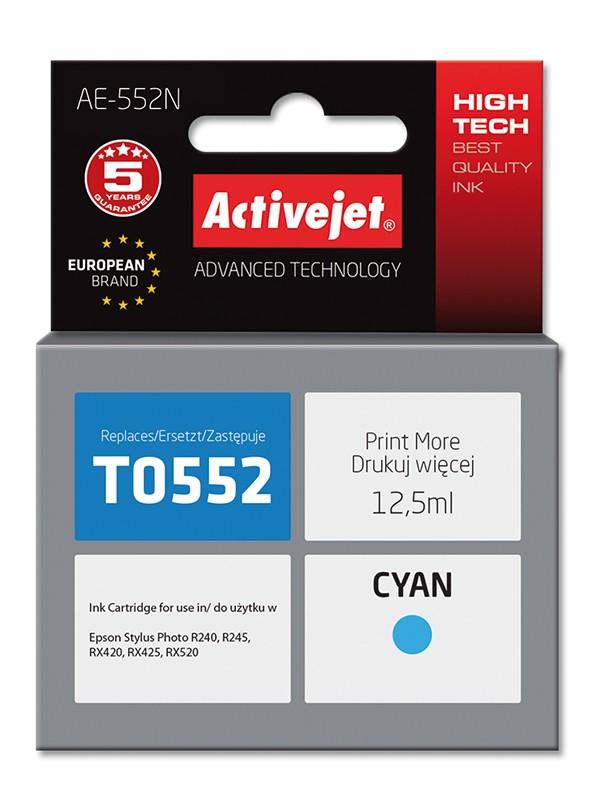 Cartus compatibil T0552 cyan pentru Epson C13T055240, Premium Activejet, Garantie 5 ani ActiveJet imagine 2022 depozituldepapetarie.ro