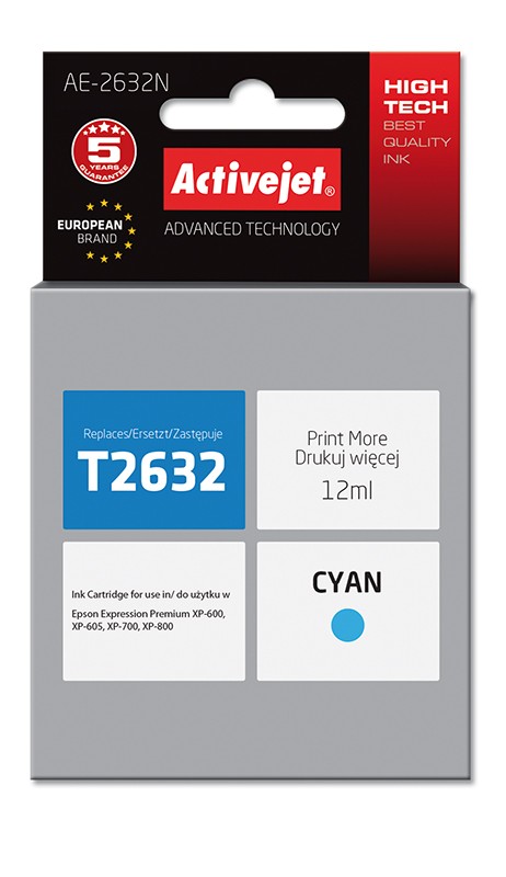 Cartus compatibil T2632 cyan pentru Epson C13T26314010, Premium Activejet, Garantie 5 ani ActiveJet imagine 2022 depozituldepapetarie.ro