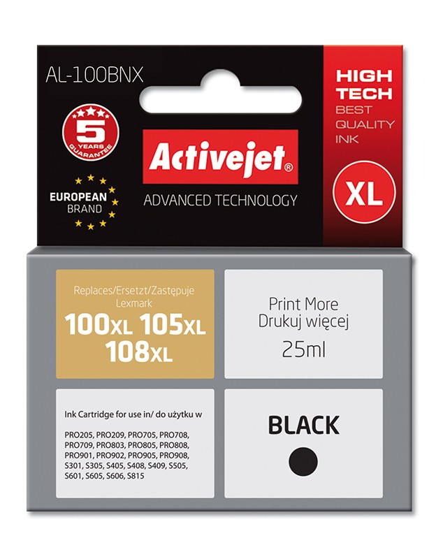 Cartus compatibil 100XL 108XL Black pentru Lexmark 14N1068E, 25 ml, Premium Activejet, Garantie 5 ani ActiveJet