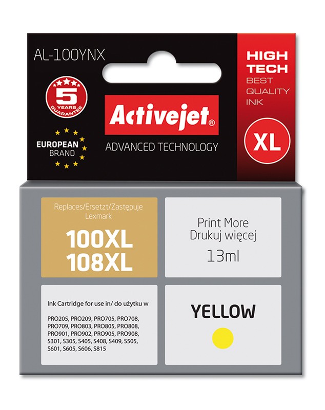 Cartus compatibil 100XL 108XL yellow pentru Lexmark 14N1071E, 13 ml, Premium Activejet, Garantie 5 ani ActiveJet