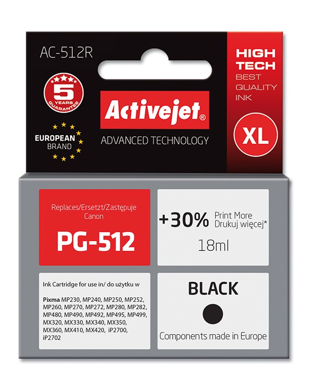 Cartus compatibil PG512 XL negru pentru Canon, 18 ml, Premium Activejet, Garantie 5 ani ActiveJet imagine 2022 cartile.ro