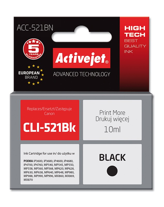 Cartus compatibil CLI-521 black pentru Canon, 10 ml, Premium Activejet, Garantie 5 ani ActiveJet