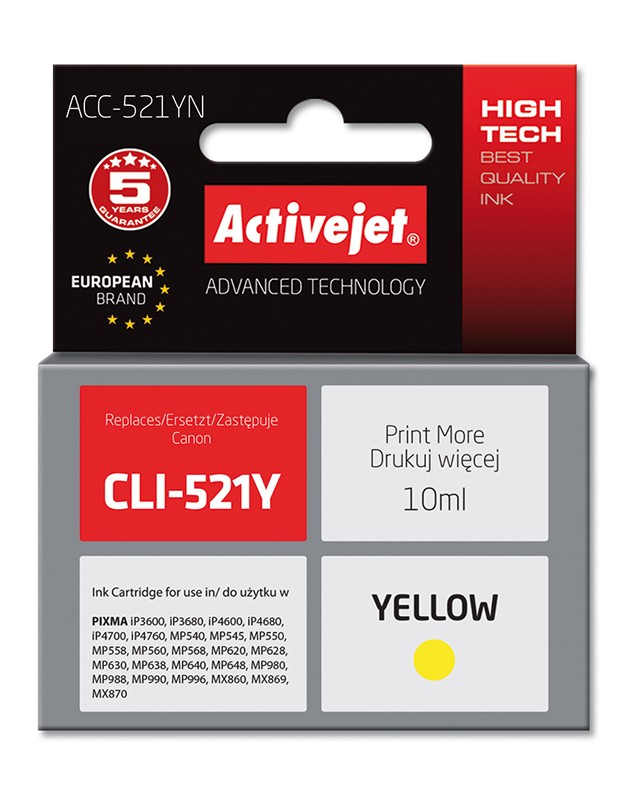 Cartus compatibil CLI-521 Yellow pentru Canon, 10 ml, Premium Activejet, Garantie 5 ani ActiveJet