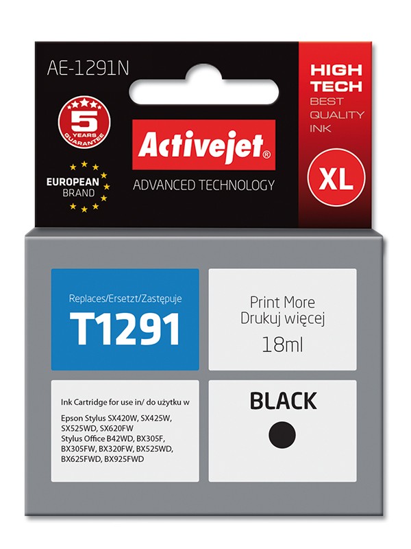 Cartus compatibil T1291 black pentru Epson C13T12914011, Premium Activejet, Garantie 5 ani ActiveJet imagine 2022 depozituldepapetarie.ro