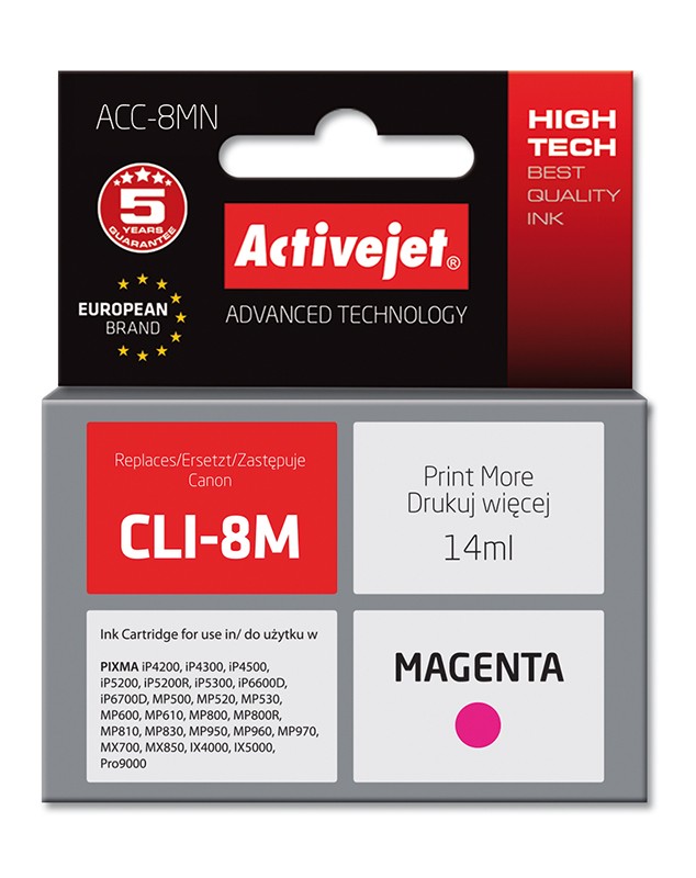 Cartus compatibil CLI-8M Magenta pentru Canon, 14 ml, Premium Activejet, Garantie 5 ani ActiveJet
