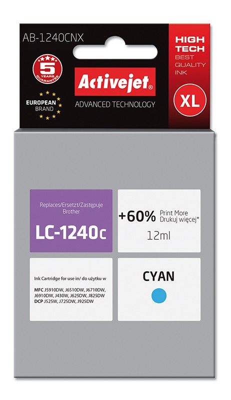 Cartus compatibil LC1240C Cyan pentru Brother, Premium Activejet, Garantie 5 ani ActiveJet imagine 2022 depozituldepapetarie.ro