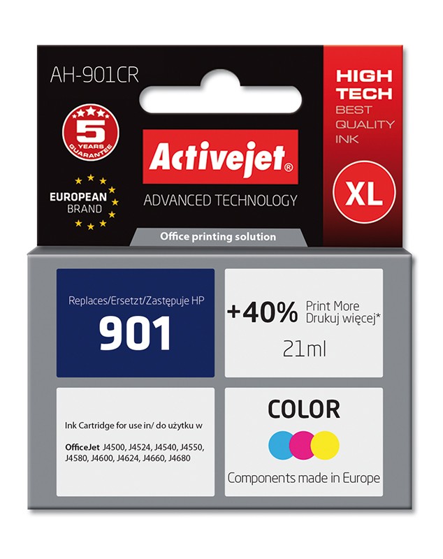 Cartus compatibil 901XL Color pentru HP, Premium Activejet, Garantie 5 ani ActiveJet imagine 2022 cartile.ro