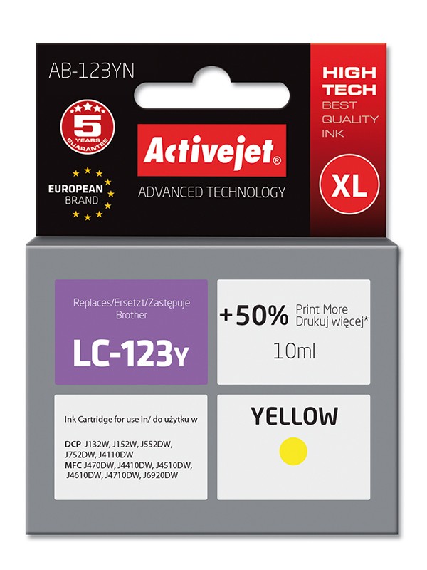 Cartus compatibil LC123 yellow pentru Brother, Premium Activejet, Garantie 5 ani ActiveJet imagine 2022 cartile.ro