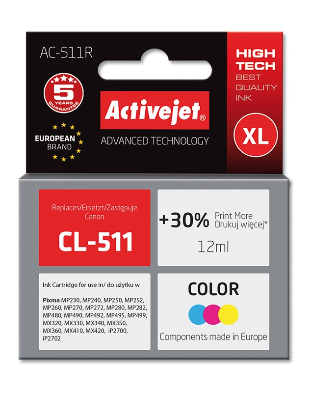 Cartus compatibil CL-511 color pentru Canon, 9 ml, Premium Activejet, Garantie 5 ani ActiveJet
