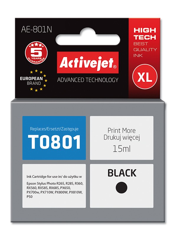 Cartus compatibil T0801 black pentru Epson C13T08014010, Premium Activejet, Garantie 5 ani ActiveJet imagine 2022 depozituldepapetarie.ro