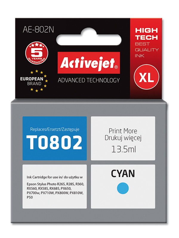 Cartus compatibil T0802 cyan pentru Epson C13T08024010, Premium Activejet, Garantie 5 ani