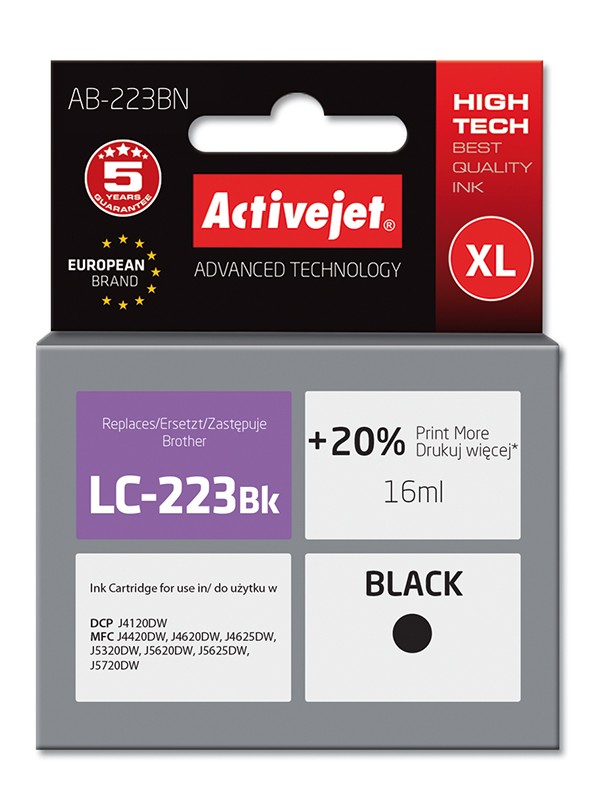 Cartus compatibil LC223 Black pentru Brother, Premium Activejet, Garantie 5 ani ActiveJet