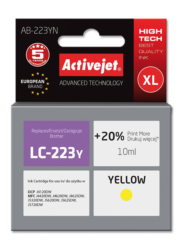 Cartus compatibil LC223 Yellow pentru Brother, Premium Activejet, Garantie 5 ani ActiveJet