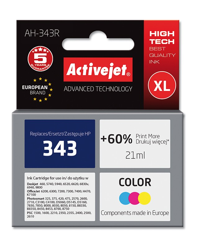 Cartus compatibil HP 343 Color pentru HP, Premium Activejet, Garantie 5 ani ActiveJet