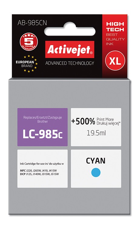 Cartus compatibil LC 985C XL Cyan pentru Brother, Premium Activejet, Garantie 5 ani 985C