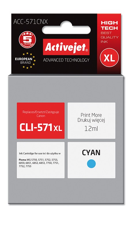 Cartus compatibil Canon CLI-571 Cyan XL, de capacitate mare ActiveJet imagine 2022 cartile.ro