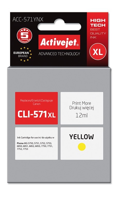 Cartus compatibil Canon CLI-571 Yellow XL, de capacitate mare ActiveJet imagine 2022 depozituldepapetarie.ro
