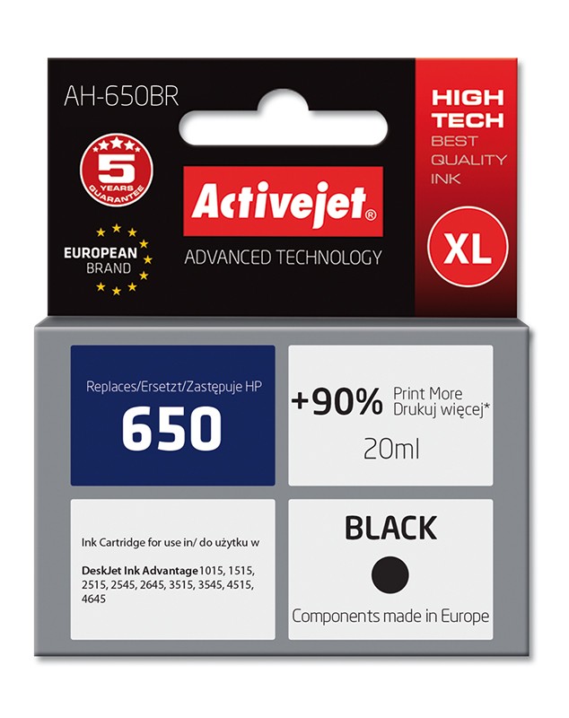 Cartus compatibil HP 650 negru pentru HP, 20 ml, Premium Activejet, Garantie 5 ani