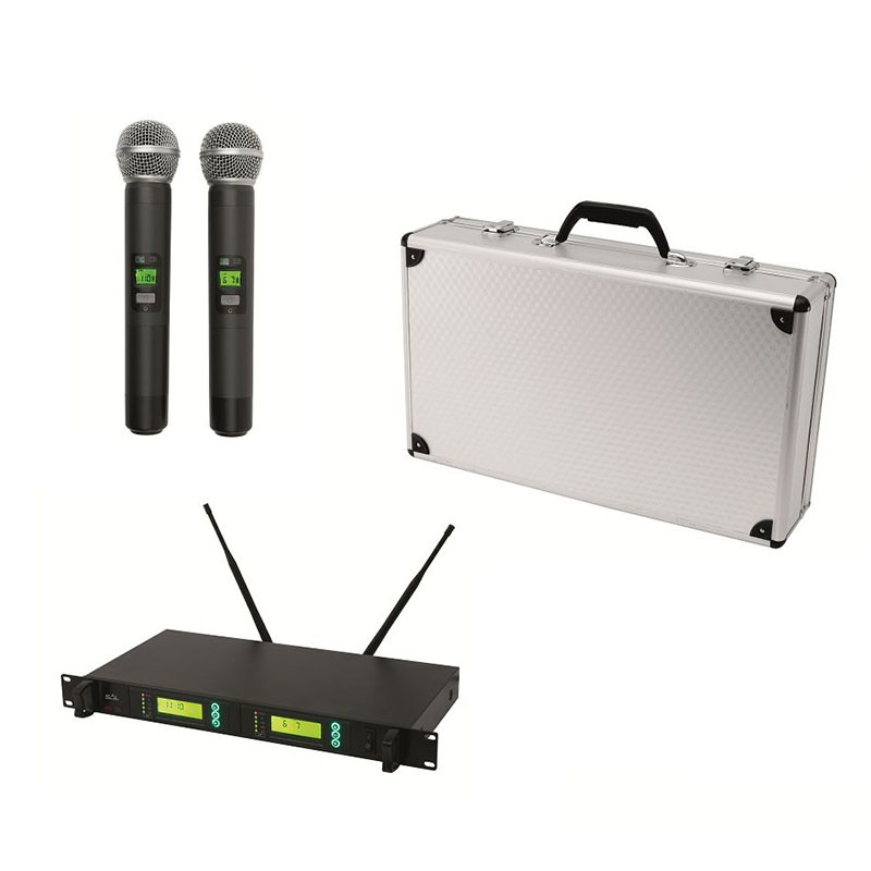 Set 2 microfoane wireless si receiver, 100 m, ecrane LCD, servieta aluminiu, Sal 100