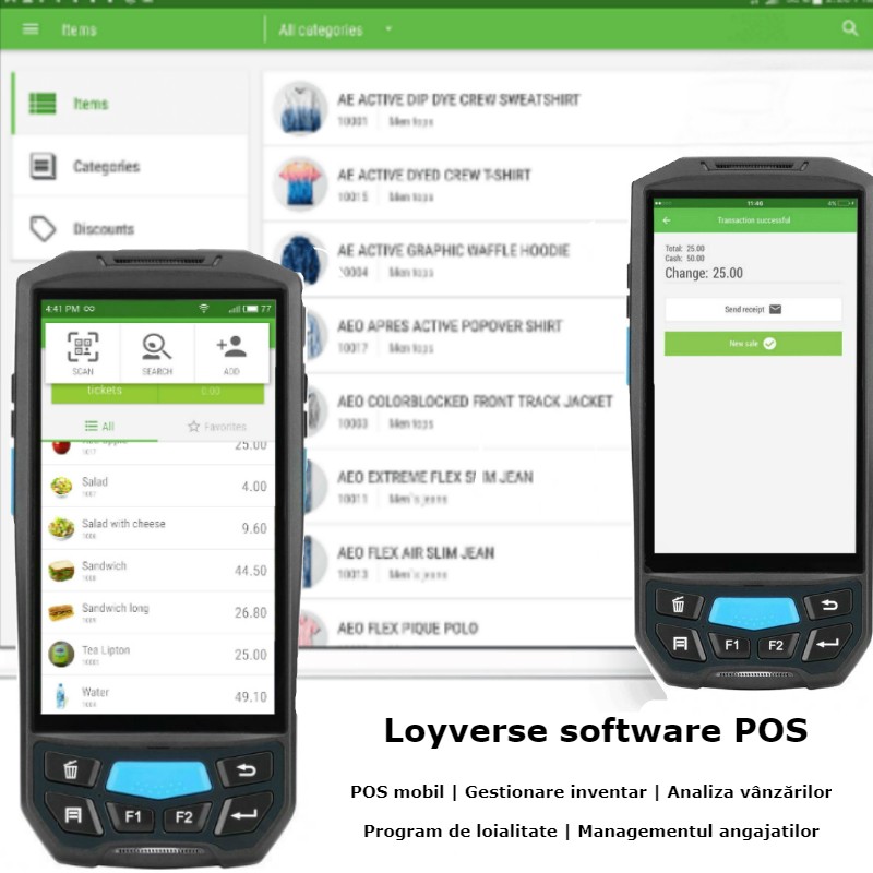 Android POS Loyverse touchscreen, cititor coduri bare 1D, slot SIM, microSD cartuseria.ro