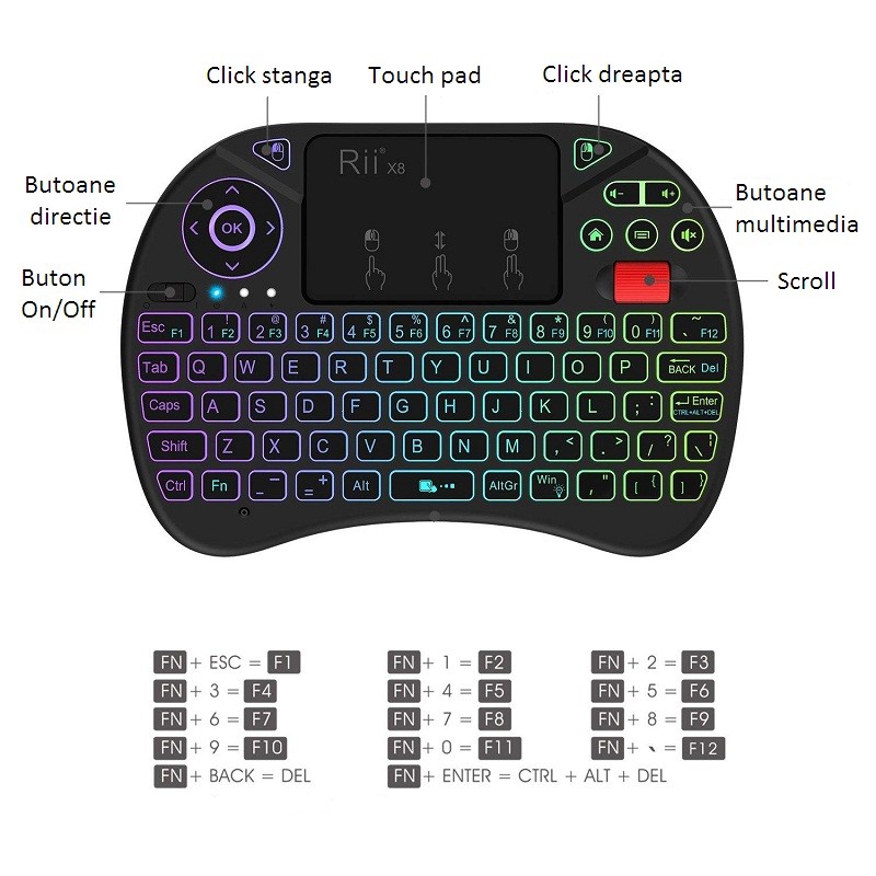 Mini tastatura wireless iluminata RGB, touchpad, scroll mouse, taste multimedia, Rii X8 - imagine 8