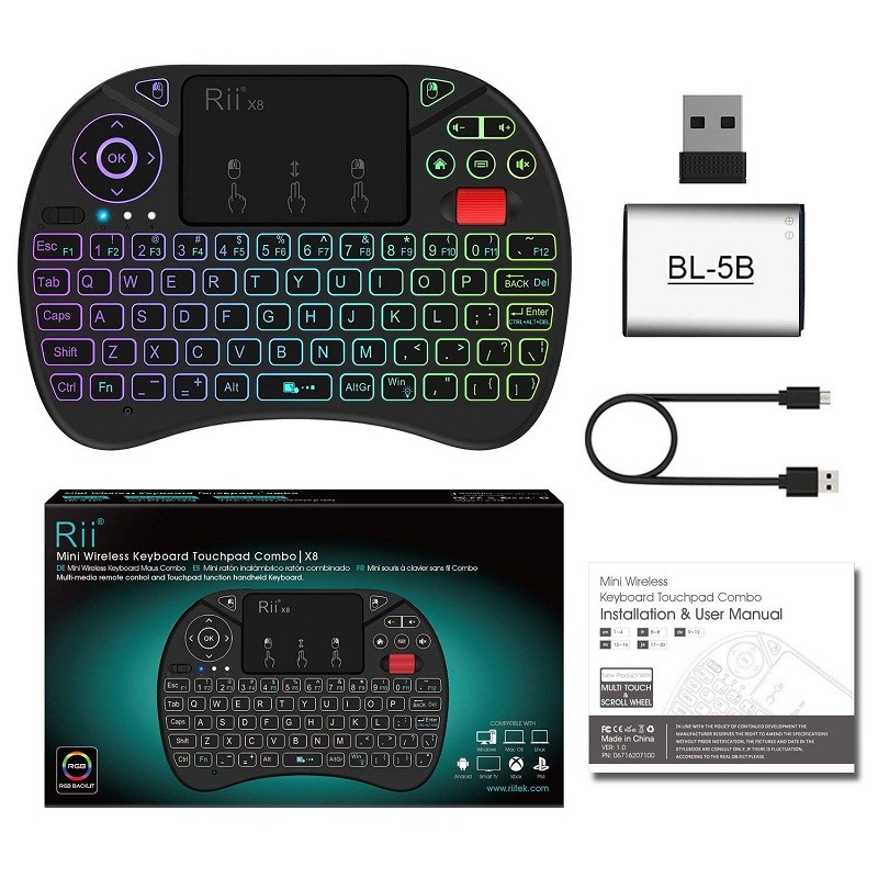 Mini tastatura wireless iluminata RGB, touchpad, scroll mouse, taste multimedia, Rii X8 - imagine 10