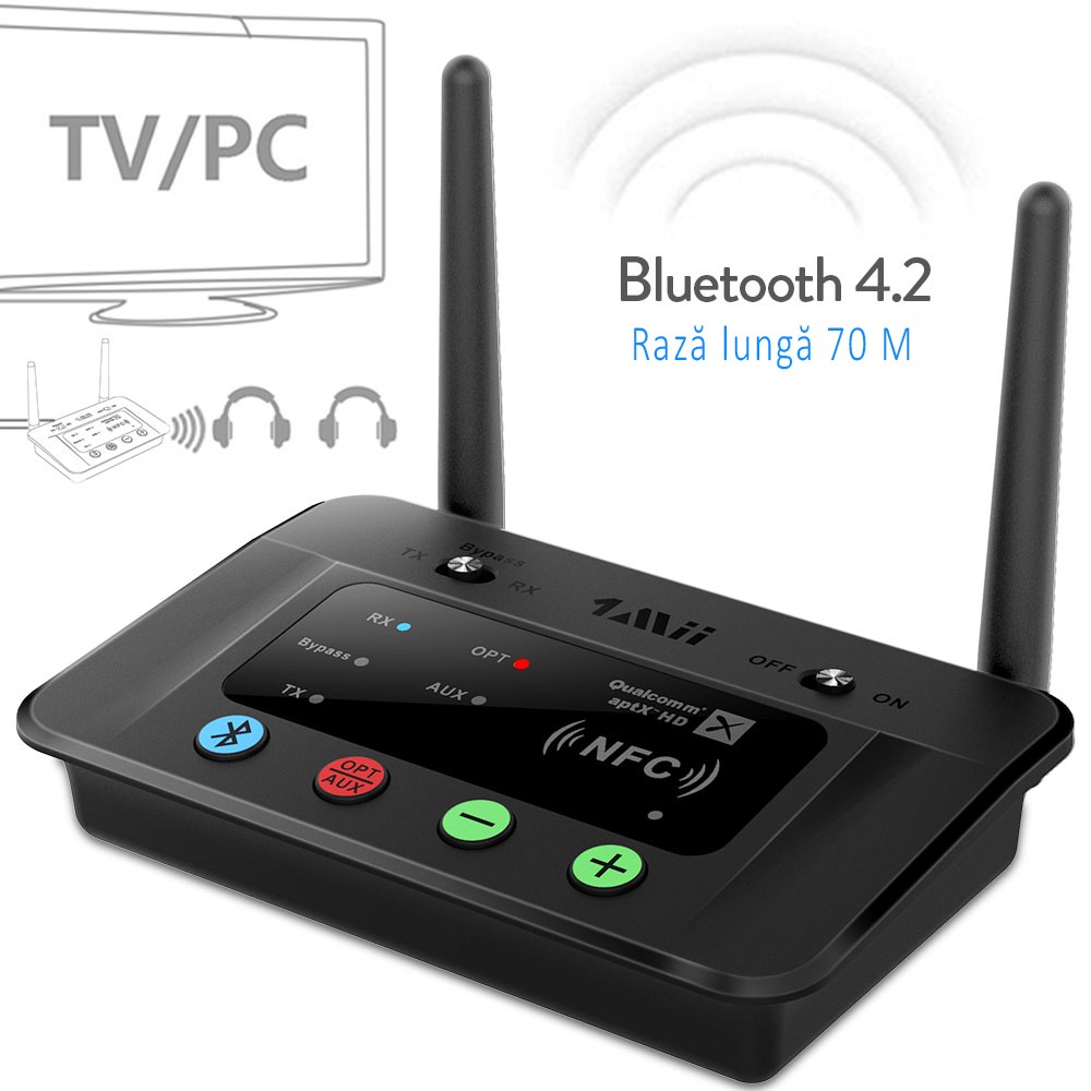 Receptor transmitator Bluetooth 4.2, raza 70 m, Hi-Fi, RCA AUX 3.5mm NFC, pentru TV si PC cartuseria.ro imagine 2022 cartile.ro
