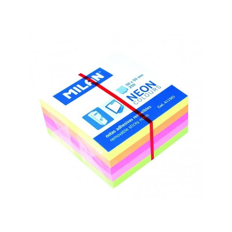 Bloc notes adeziv, 50×50 mm, tip cub, 5 culori neon, 250 file 250