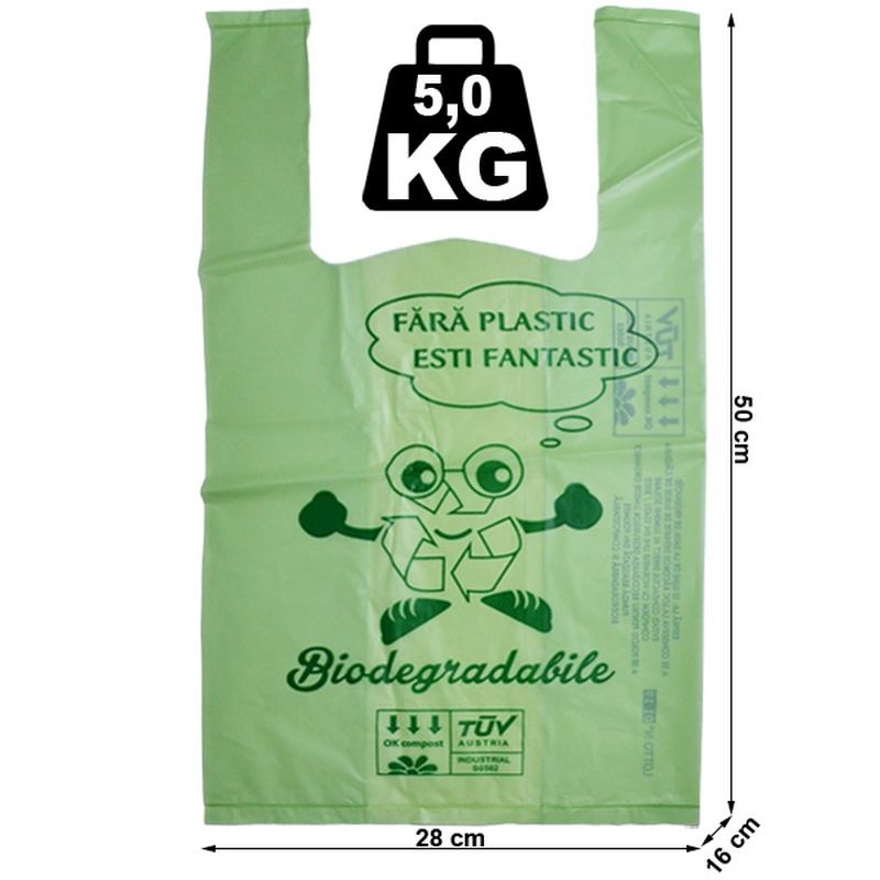 Pungi biodegradabile verzi, tip maieu, 28X50X16 cm, 5 kg, set 10 bucati