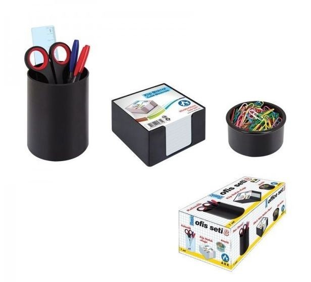 Set 3 accesorii pentru birou, suport pixuri, cub hartie, agrafe, negru, Ark ARK