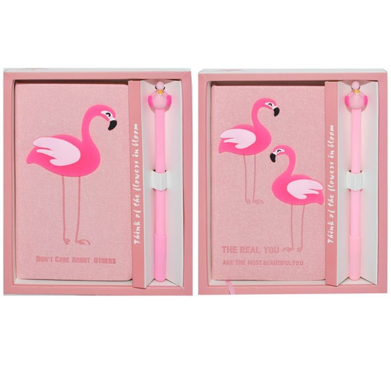 Set jurnal si pix Flamingo, coperta material textil, cutie depozitare, roz Agende