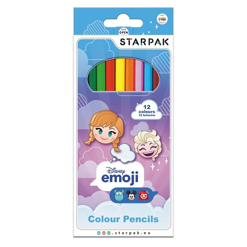 Creioane Emoji Frozen, 12 culori pastelate, forma hexagon, lungime 13.5 cm 13.5