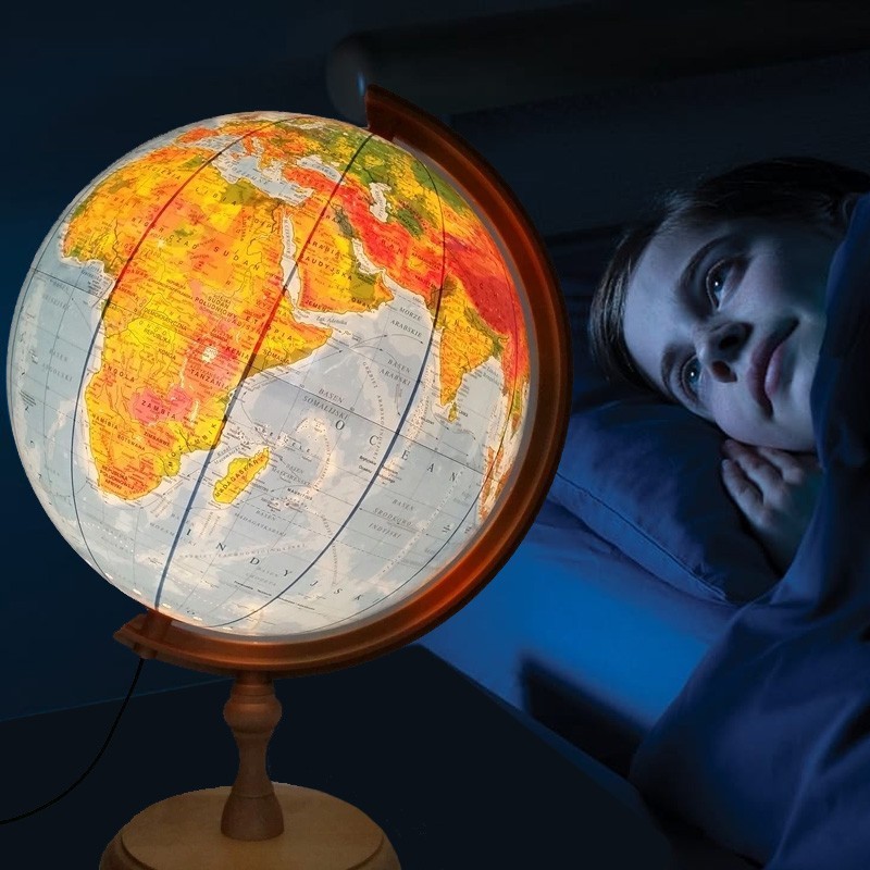 Glob geografic iluminat, harta politica si fizica, suport lemn, fus orar, diametru 32 cm Birotica