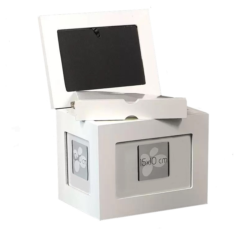 Album foto din lemn alb, tip cutie personalizabila, stocare 96 fotografii 10×15, 20×16.5×15 cm