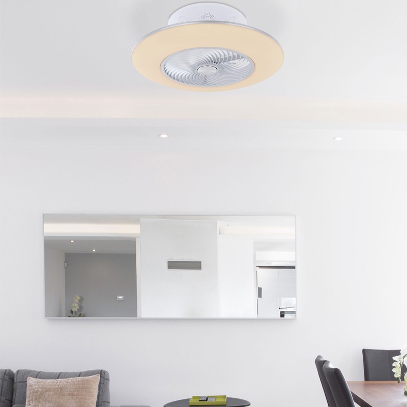 Ventilator de tavan cu lustra, LED 40W, telecomanda, temporizator, metal alb