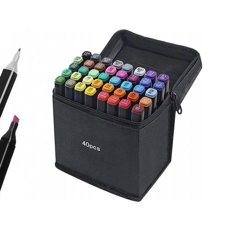 Set 40 markere colorate duble, scriere si evidentiere, geanta depozitare