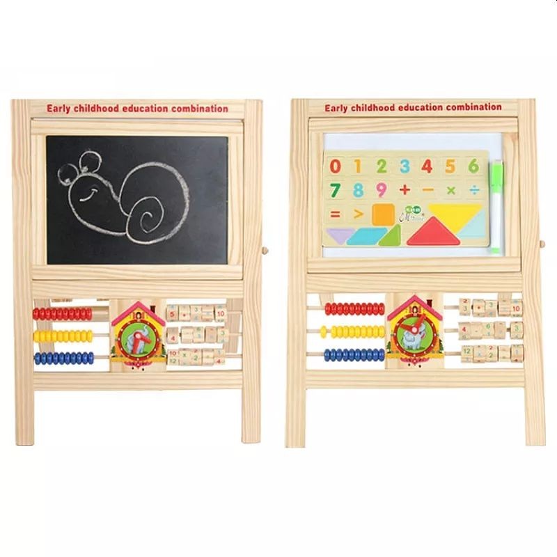 Tablita magnetica din lemn 25×20 cm, 2 fete, alfabet, cifre, socotitoare, ceas, creta/marker