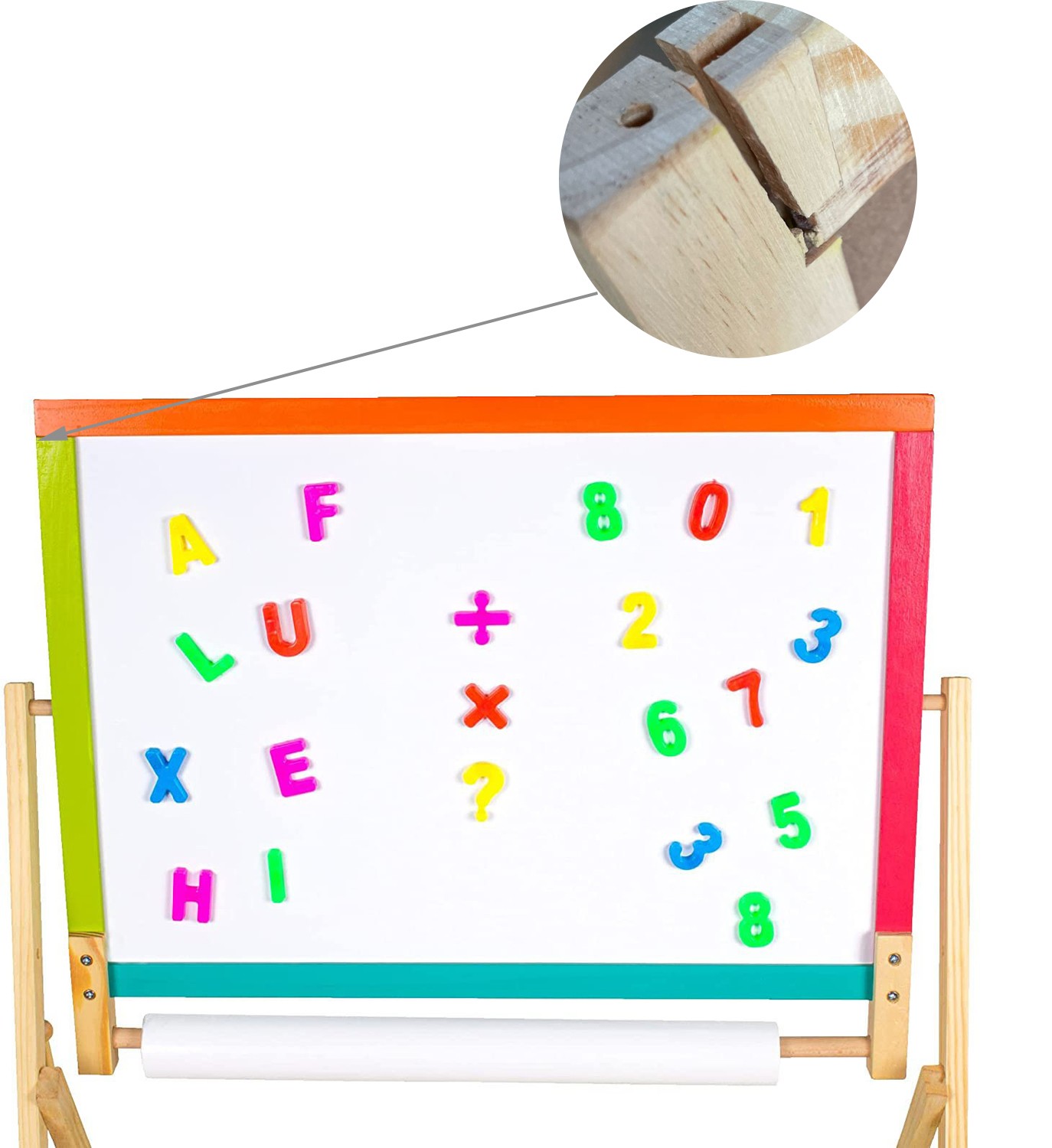 Tablita de scris pentru copii, 2 in 1, fata magnetica si pentru creta, 60×40 cm, alfabet si ceas, rola hartie, RESIGILAT 60x40