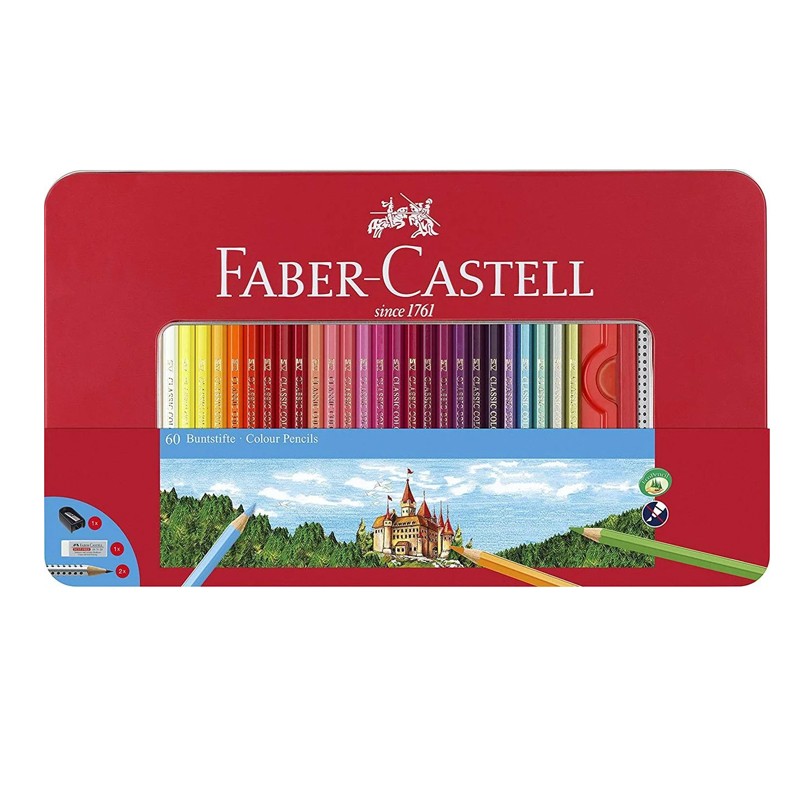 Set 60 creioane colorate, 4 accesorii incluse, cutie metalica cartuseria.ro